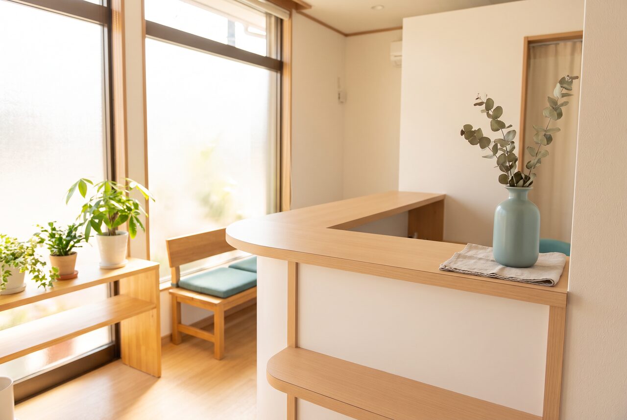 木と白を基調とした、明るく清潔な受付カウンター